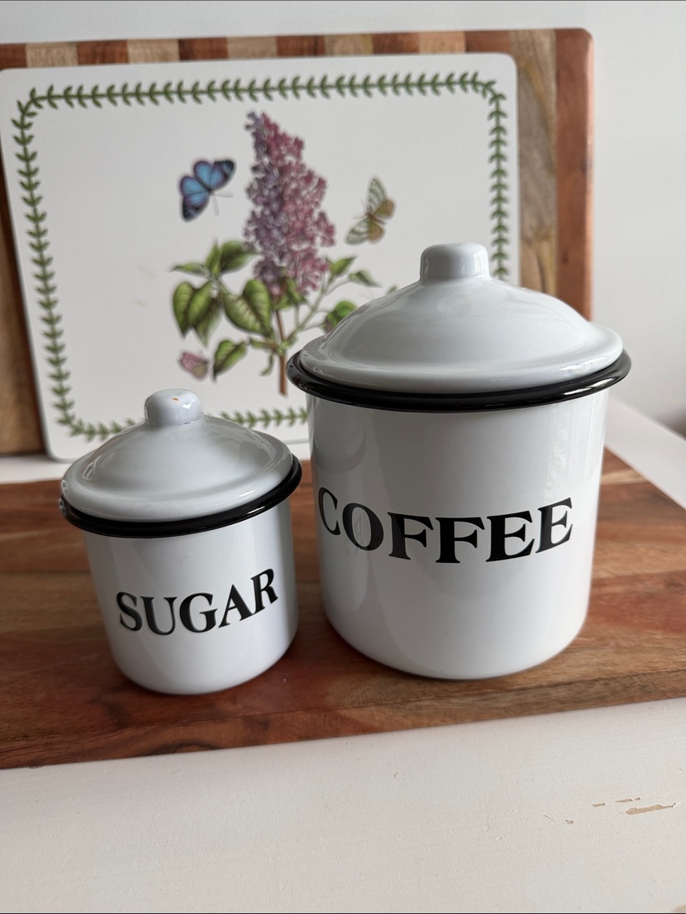Vintage Inspired White Enamel Coffee & Sugar Canister Set with Black Trim